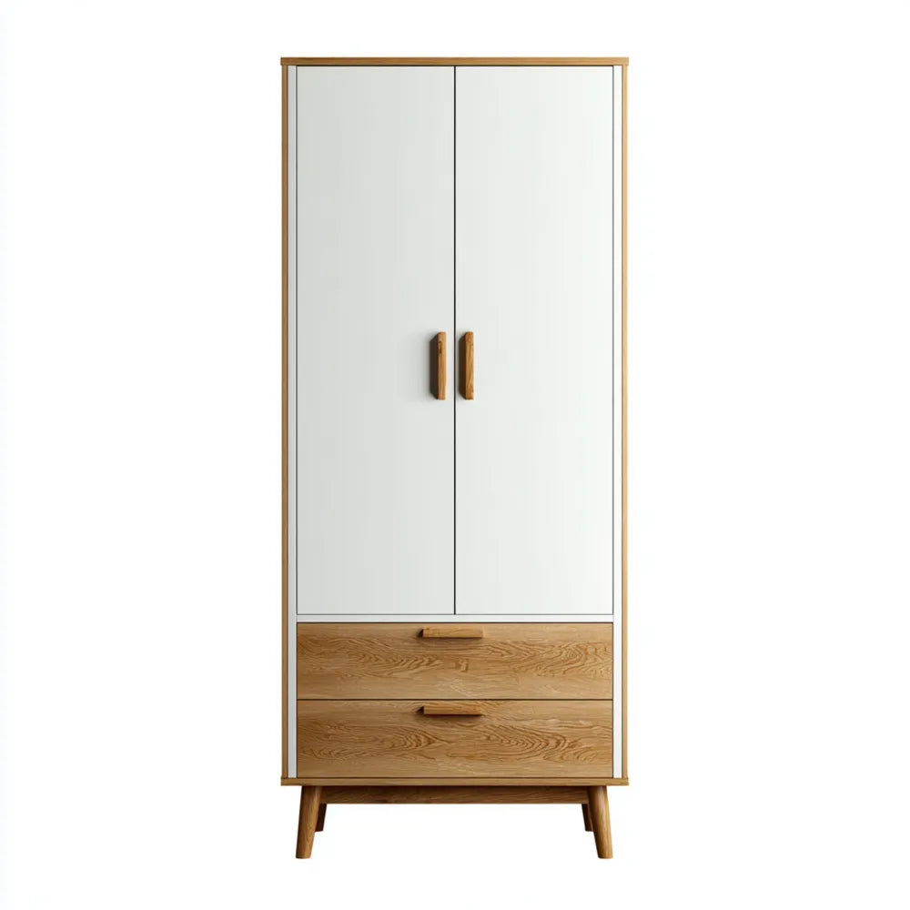 Modern Wardrobe 200x80x50 cm - White/Oak - Wood Frame with Drawers