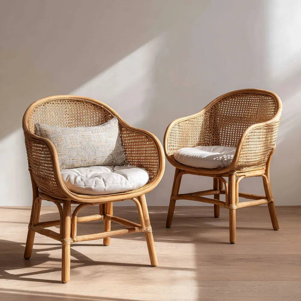 Rattan Patio Dining Chairs 85x60x55 cm - Natural Finish - Comfortable Cushion - Bohemian Style