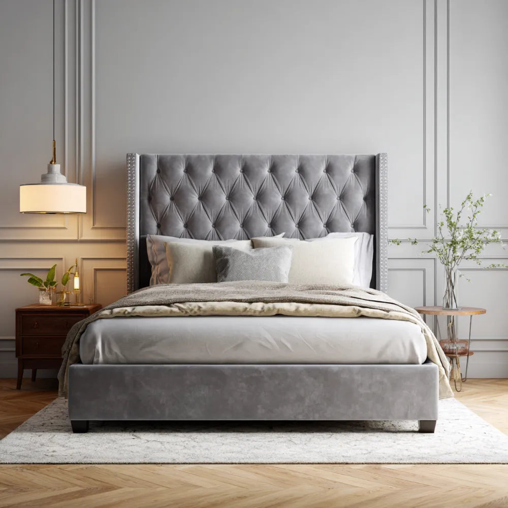 Double Bed Velvet Upholstered 200x160x120 cm - Gray - Contemporary Style