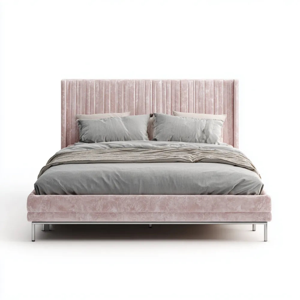 Double Bed Velvet Upholstery 200x150 cm - Pink Modern Design