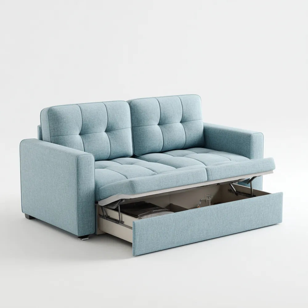 Sofa Bed Fabric Upholstered 200x90x85 cm - Light Blue with Storage - Modern Design